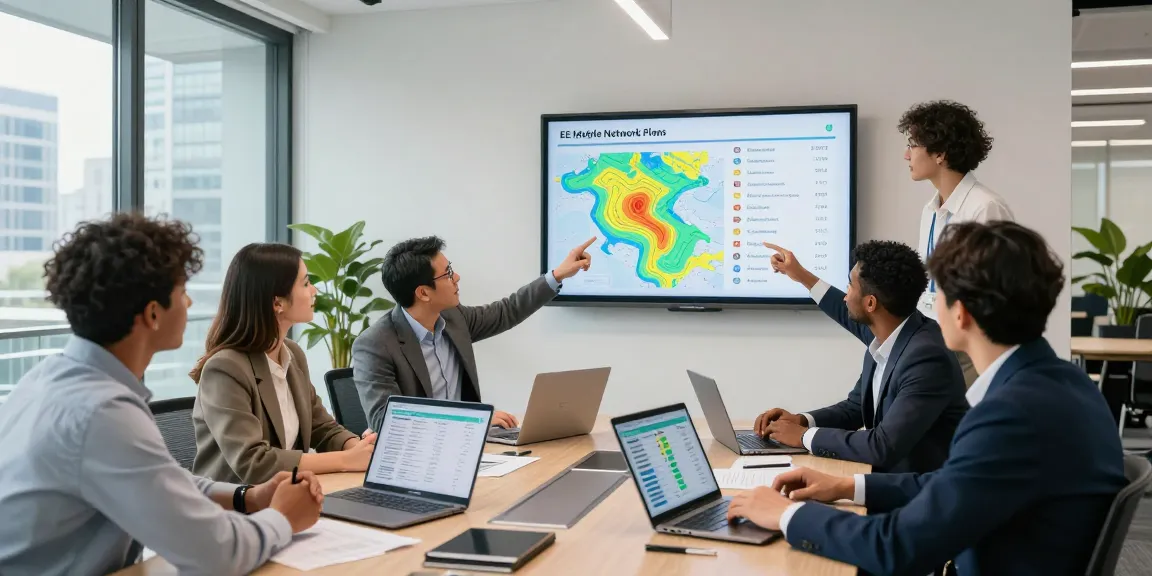 EE vs Three business plans comparison discussion in a modern office.