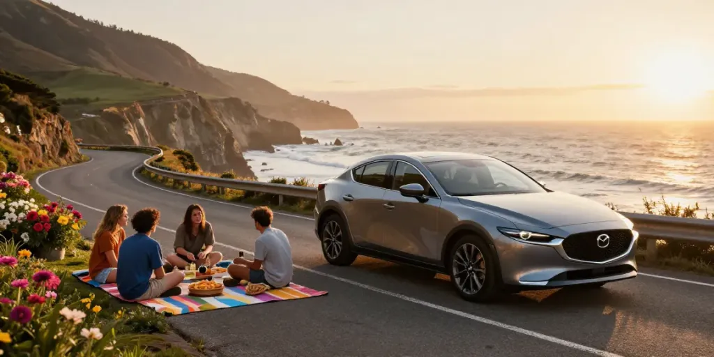 Noleggio lungo termine Mazda con amici che fanno un picnic sulla strada costiera al tramonto.