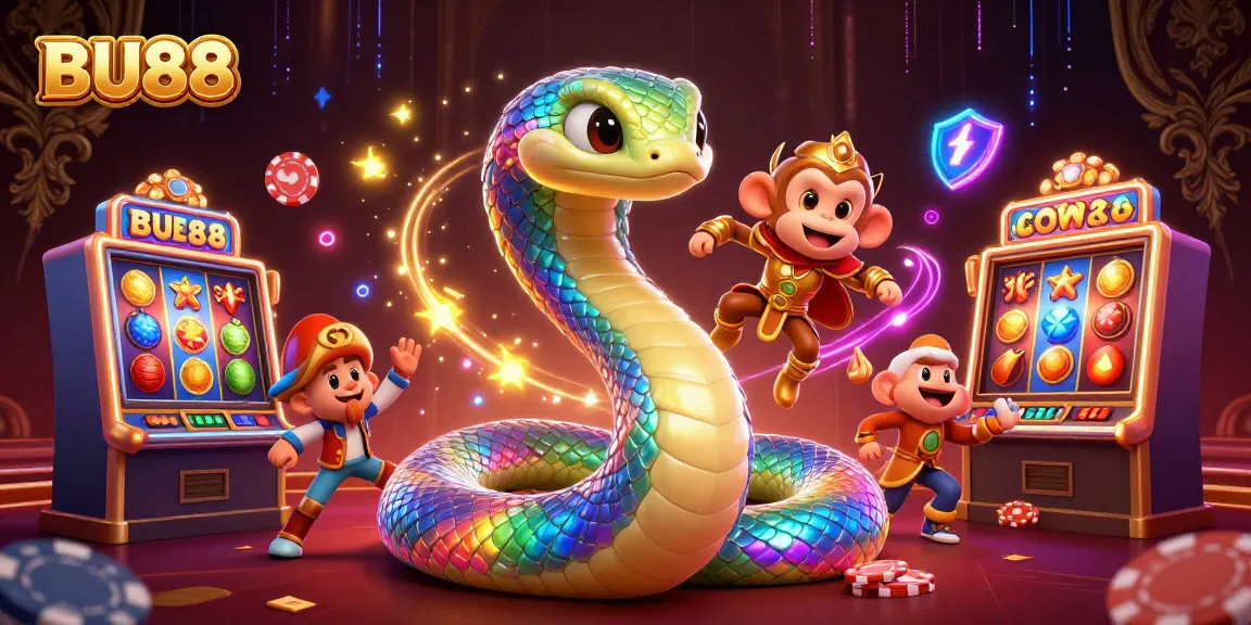 Experience excitement with BU88’s vibrant casino-themed illustration featuring a rainbow serpent and playful monkey king.